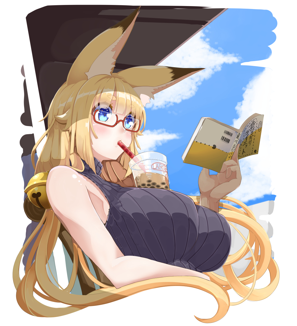 1girl amino_dopple animal_ear_fluff animal_ears bangs bell blonde_hair blue_eyes book breasts bubble_tea bubble_tea_challenge fox_ears glasses honami_mikura_(amino_dopple) large_breasts long_hair original red-framed_eyewear ribbed_sweater semi-rimless_eyewear sleeveless_sweater solo sweater under-rim_eyewear upper_body