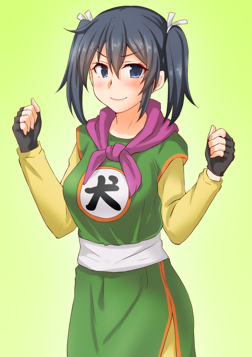 1girl anti_(untea9) bangs black_gloves blue_eyes blue_hair cosplay dragon_quest dragon_quest_iii fighter_(dq3) fighter_(dq3)_(cosplay) fingerless_gloves gloves green_background hair_between_eyes hair_ribbon highres kantai_collection long_sleeves looking_at_viewer ribbon sash short_hair smile solo souryuu_(kantai_collection) twintails white_ribbon