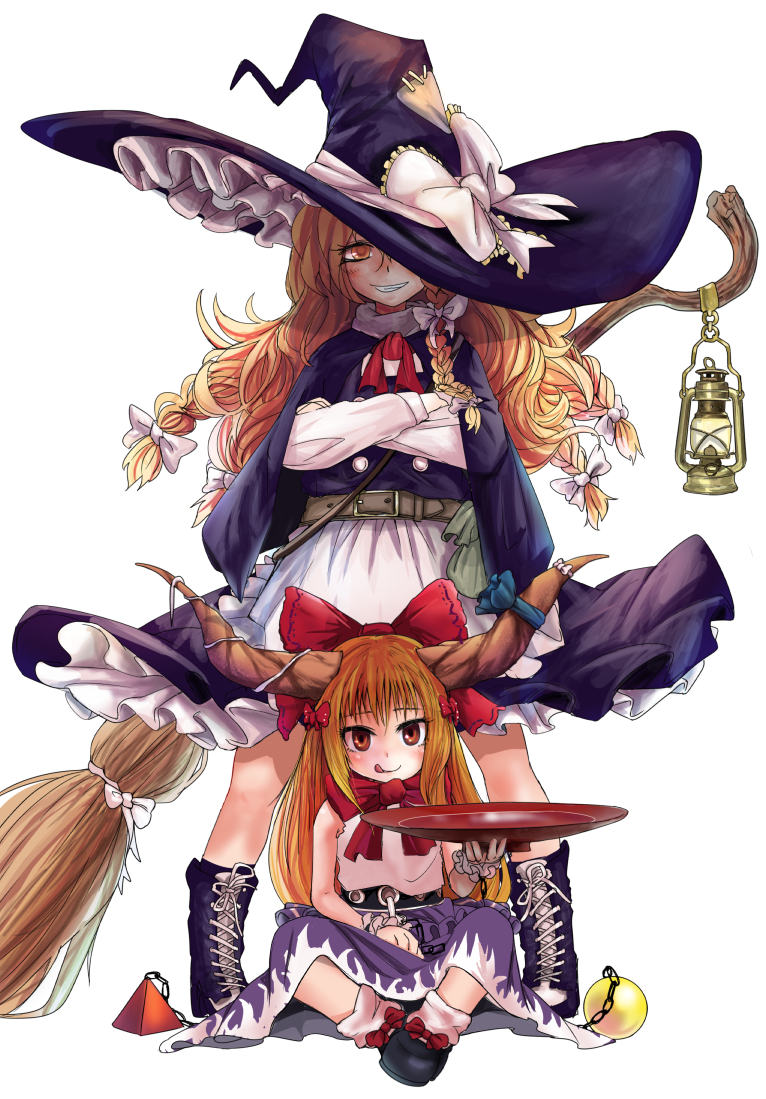2girls apron belt black_footwear blonde_hair blue_footwear blue_headwear blue_skirt blue_vest boots bow broom brown_belt brown_eyes cape chain cross-laced_footwear crossed_arms cup doitsuken hair_bow hat hat_bow horns ibuki_suika kirisame_marisa lantern licking_lips long_hair long_sleeves looking_at_viewer multiple_girls one_eye_covered orange_hair pigeon-toed purple_skirt quad_braids red_bow sakazuki shirt shoes simple_background sitting skirt skirt_set sleeveless sleeveless_shirt smile socks standing tongue tongue_out touhou triangle vest waist_apron white_background white_bow witch_hat wrist_cuffs yellow_eyes