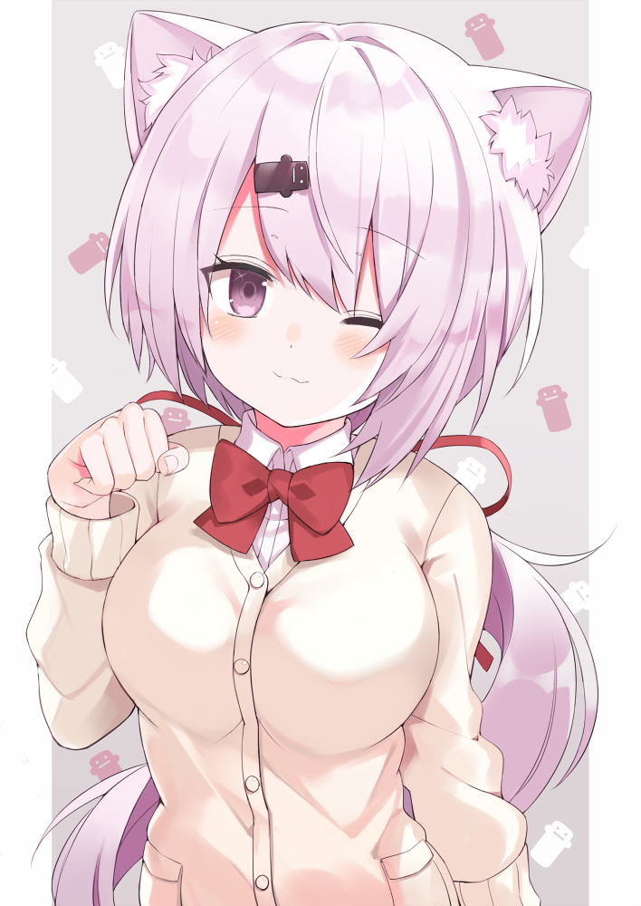 1girl ;3 animal_ear_fluff animal_ears blush bow breasts brown_cardigan cardigan cat_ears closed_mouth collared_shirt dress_shirt grey_background hair_ornament hairclip hand_up kemonomimi_mode kuhotaka long_hair long_sleeves low_ponytail medium_breasts nijisanji one_eye_closed paw_pose pink_hair ponytail red_bow shiina_yuika shirt solo two-tone_background upper_body very_long_hair violet_eyes virtual_youtuber white_background white_shirt