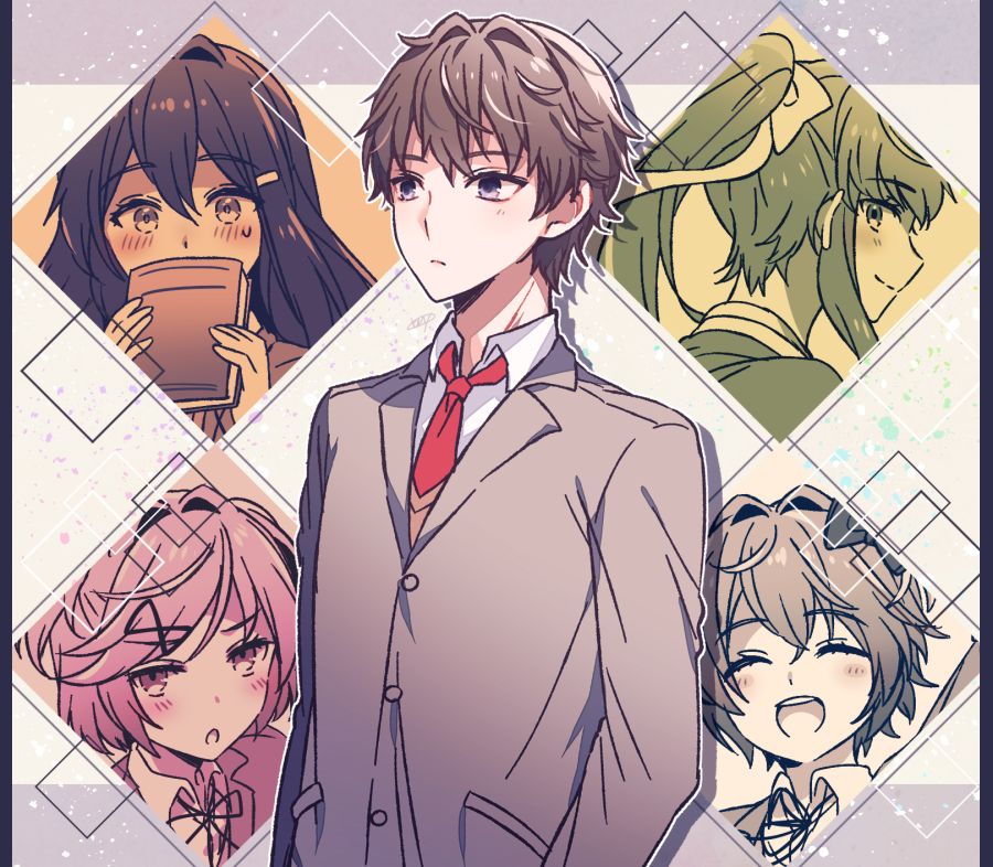 1boy 4girls :d ^_^ aicedrop bangs blush book bow closed_eyes doki_doki_literature_club eyebrows_visible_through_hair grey_jacket hair_between_eyes hair_bow hair_ornament hair_ribbon hairclip jacket long_hair looking_away monika_(doki_doki_literature_club) multiple_girls natsuki_(doki_doki_literature_club) necktie open_mouth outline ponytail protagonist_(doki_doki_literature_club) red_neckwear ribbon sayori_(doki_doki_literature_club) school_uniform short_hair smile white_outline yuri_(doki_doki_literature_club)