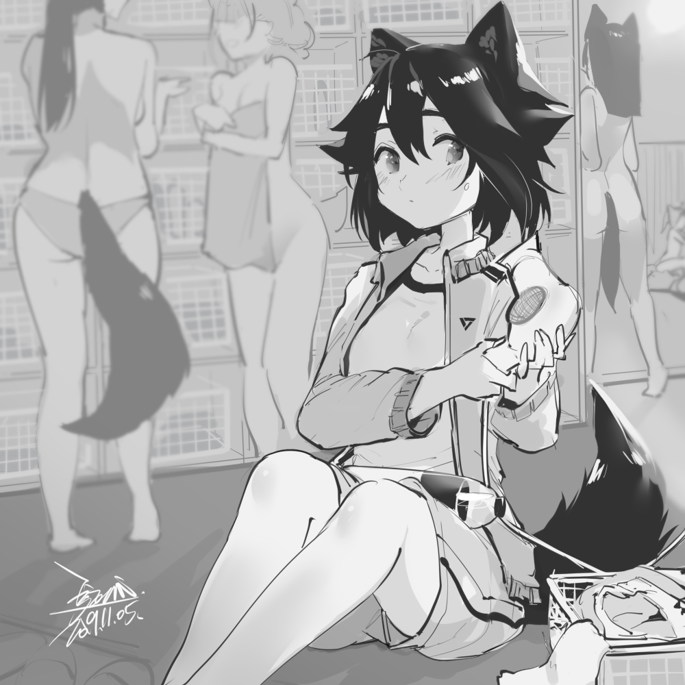 1girl animal_ears black_hair bottle dated ejami ekko_(ejami) fox_ears fox_girl fox_tail hair_dryer jacket laundry laundry_basket long_hair monochrome naked_towel original shirt short_hair shorts sitting sketch solo_focus tail towel track_jacket underwear underwear_only water_bottle