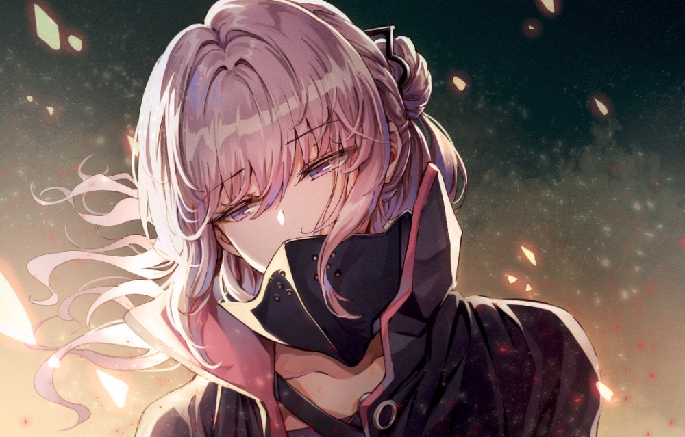 1girl bangs collarbone covered_mouth eyebrows_visible_through_hair floating_hair gas_mask girls_frontline hair_ornament hana09487817 jacket long_hair looking_away mod3_(girls_frontline) open_clothes open_jacket pink_eyes pink_hair ponytail sidelocks solo st_ar-15_(girls_frontline) upper_body wind