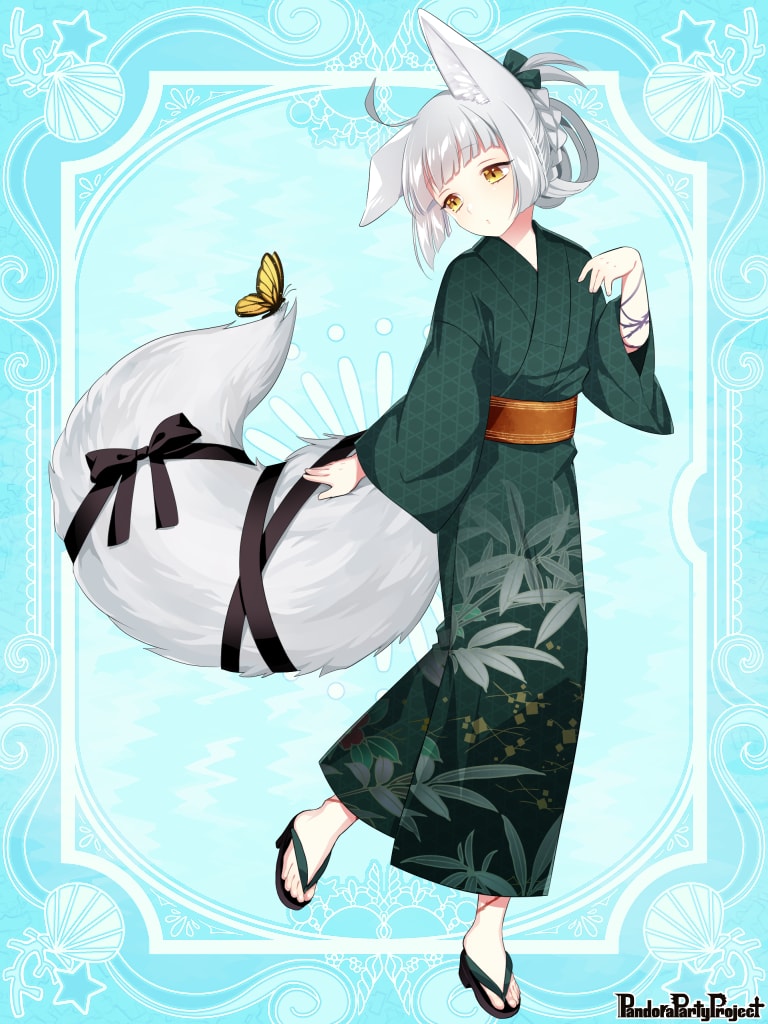 ahoge androgynous animal_ears bangs black_ribbon blue_background blunt_bangs bow copyright_name fox_ears fox_tail full_body green_bow green_kimono grey_hair hair_bow hair_rings japanese_clothes kimono l_(matador) pandora_party_project ribbon sandals short_hair simple_background solo standing standing_on_one_leg tail tail_ribbon unmoving_pattern wide_sleeves yellow_butterfly yellow_eyes