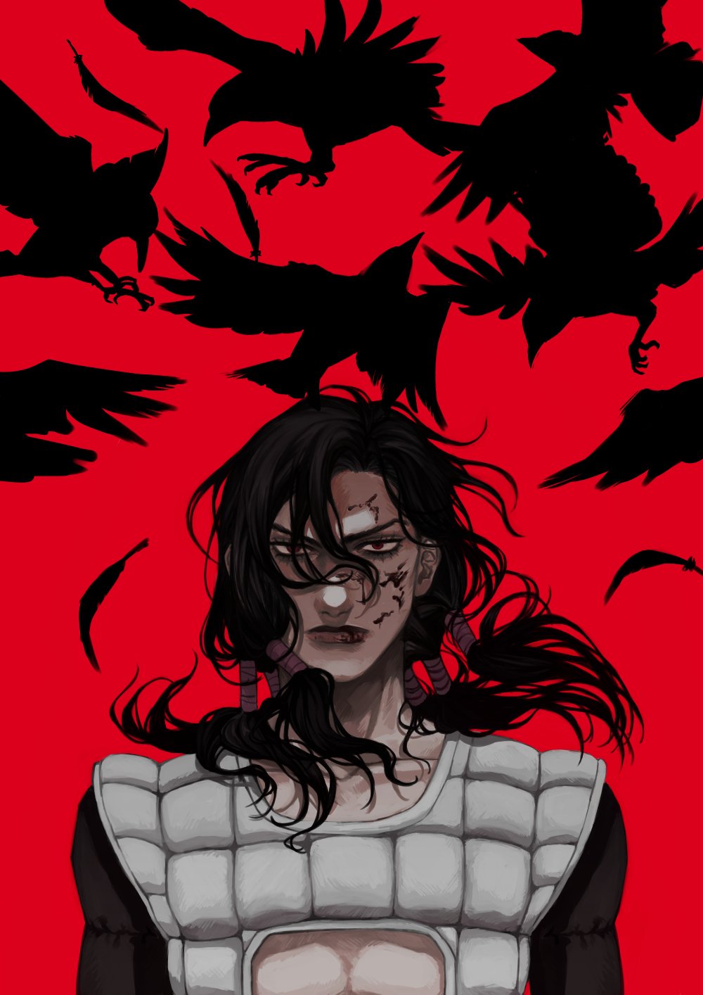 1boy abs bangs bird black_bird black_hair black_sleeves blood blood_on_face crow feathers hair_tubes highres illuso jojo_no_kimyou_na_bouken kzt long_hair looking_at_viewer male_focus midriff red_background red_eyes silhouette solo tied_hair vento_aureo vest