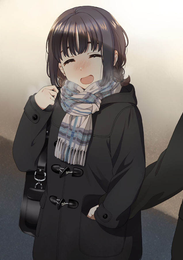 1girl ^_^ bag bangs black_coat blush braid breath brown_hair buttons closed_eyes coat duffel_coat hand_in_another's_pocket holding holding_bag holding_hands long_sleeves mattaku_mousuke open_mouth original out_of_frame overcoat plaid plaid_scarf scarf short_hair shoulder_bag smile solo_focus twin_braids winter_clothes