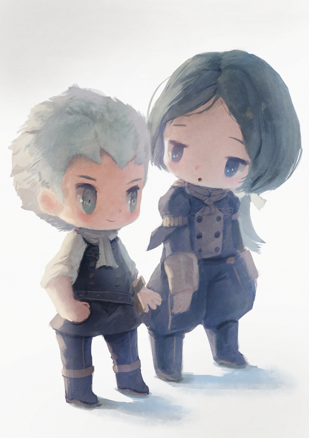 2boys :o aqua_hair caspar_von_bergliez chibi closed_mouth commentary_request fire_emblem fire_emblem:_three_houses full_body garreg_mach_monastery_uniform highres linhardt_von_hevring long_hair long_sleeves looking_at_another low_ponytail male_focus manino_(mofuritaionaka) multiple_boys ponytail smile standing white_hair