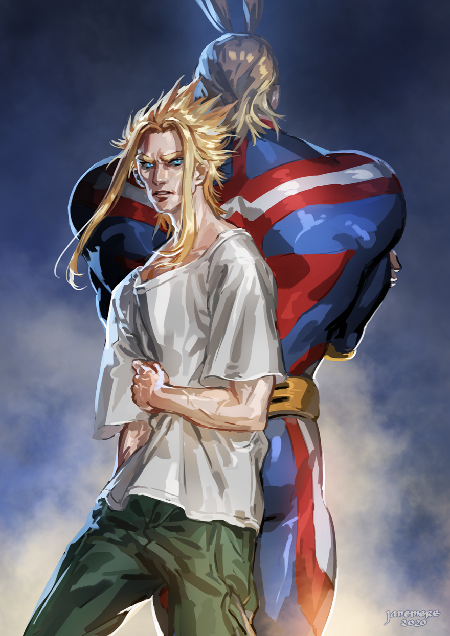 all_might antenna_hair back-to-back bangs blonde_hair blue_eyes bodysuit boku_no_hero_academia dual_persona green_pants hair_slicked_back highres jane_mere long_bangs muscle pants shirt simple_background spiky_hair white_shirt yagi_toshinori