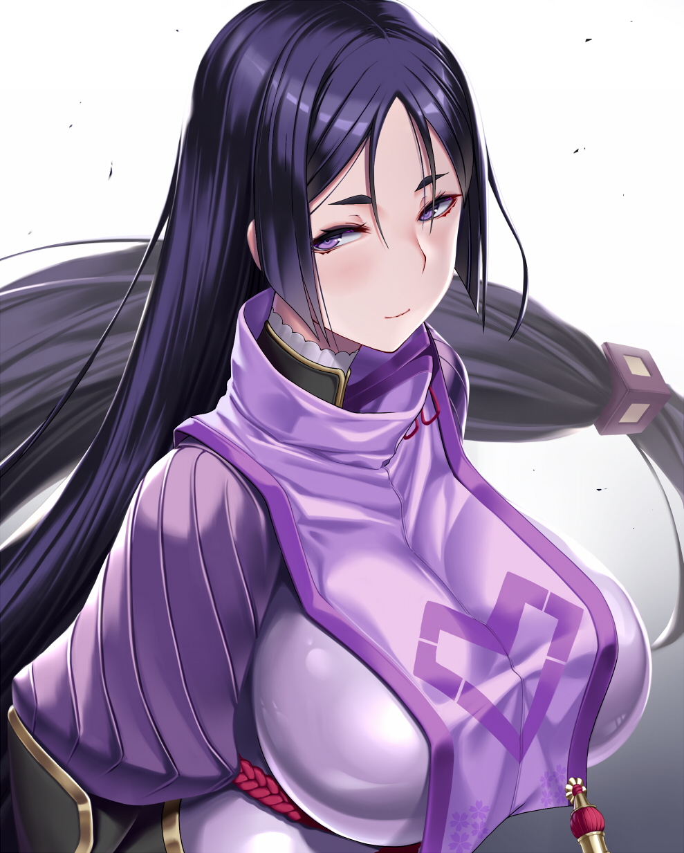 1girl bangs blush bodysuit breasts closed_mouth fate/grand_order fate_(series) hair_between_eyes highres large_breasts long_hair looking_at_viewer low-tied_long_hair minamoto_no_raikou_(fate/grand_order) parted_bangs purple_bodysuit purple_hair ribbed_sleeves rope smile solo tabard takanashi-a very_long_hair violet_eyes white_background