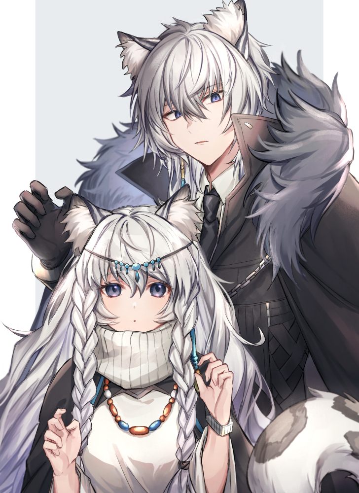 .com_(cu_105) 1boy 1girl ?? animal_ear_fluff animal_ears arknights bangs black_gloves black_jacket black_neckwear braid breasts brother_and_sister commentary_request dress eyebrows_visible_through_hair fur_trim gloves hair_between_eyes hands_up jacket jewelry leopard_ears leopard_tail long_hair long_sleeves looking_at_viewer necklace necktie parted_lips pramanix_(arknights) shirt siblings side_braids silver_hair silverash_(arknights) tail translation_request turtleneck twin_braids violet_eyes white_hair