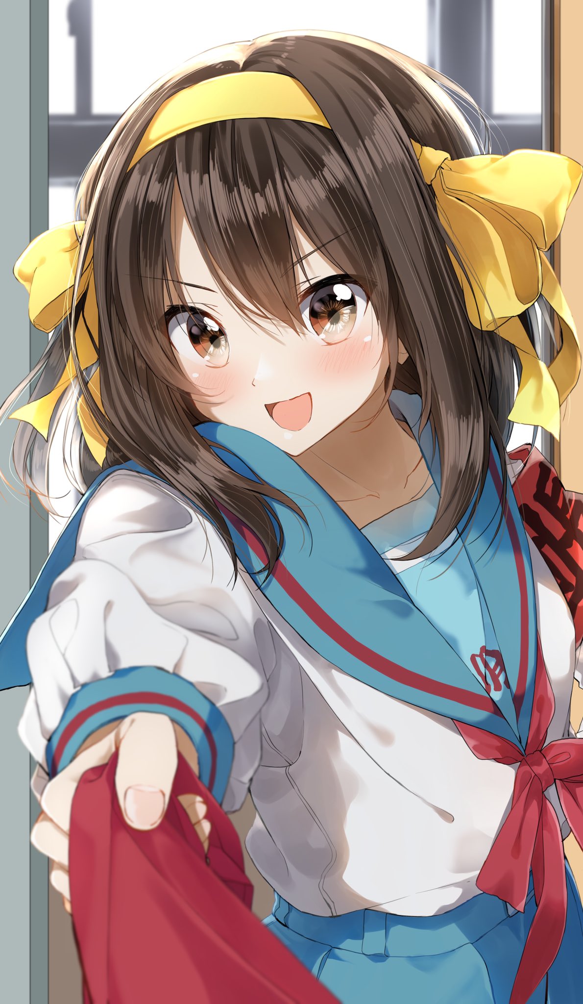 1girl :d armband bangs blue_sailor_collar blue_skirt blurry blurry_background blush bow brown_eyes brown_hair collarbone commentary_request depth_of_field eyebrows_visible_through_hair hair_between_eyes hair_bow hairband highres kita_high_school_uniform long_hair long_sleeves looking_at_viewer open_mouth pentagon_(railgun_ky1206) pov red_bow sailor_collar school_uniform serafuku shirt skirt smile solo suzumiya_haruhi suzumiya_haruhi_no_yuuutsu v-shaped_eyebrows white_shirt yellow_bow yellow_hairband