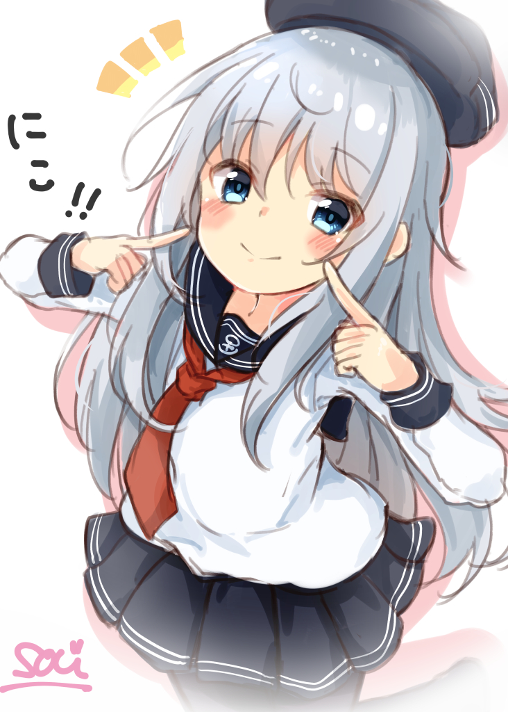 1girl blue_eyes blue_skirt blush eyebrows_visible_through_hair hat hibiki_(kantai_collection) kantai_collection long_hair long_sleeves pantyhose pleated_skirt pointing pointing_at_self red_neckwear sailor_collar school_uniform serafuku signature silver_hair simple_background skirt smile solo sou_(soutennkouchi) white_background