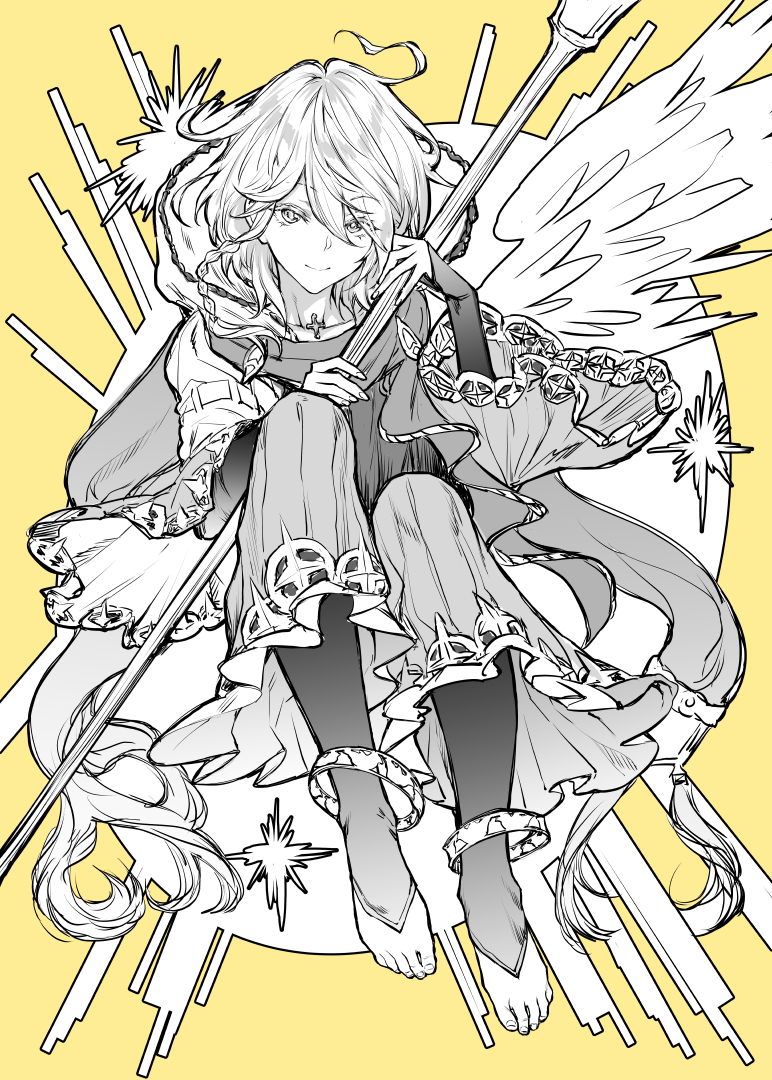 1boy anklet bangs barefoot braid granblue_fantasy hair_between_eyes holding holding_weapon hood jacket jewelry long_hair looking_at_viewer male_focus mushi024 noa_(granblue_fantasy) single_braid smile solo staff weapon