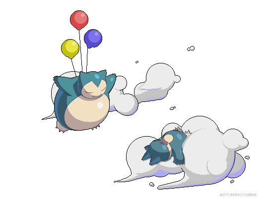balloon claws closed_eyes clouds cloudy_sky creature facing_another fangs gen_1_pokemon gen_4_pokemon lying mcgmark munchlax no_humans on_back pokemon pokemon_(creature) sky sleeping snorlax transparent_background watermark web_address