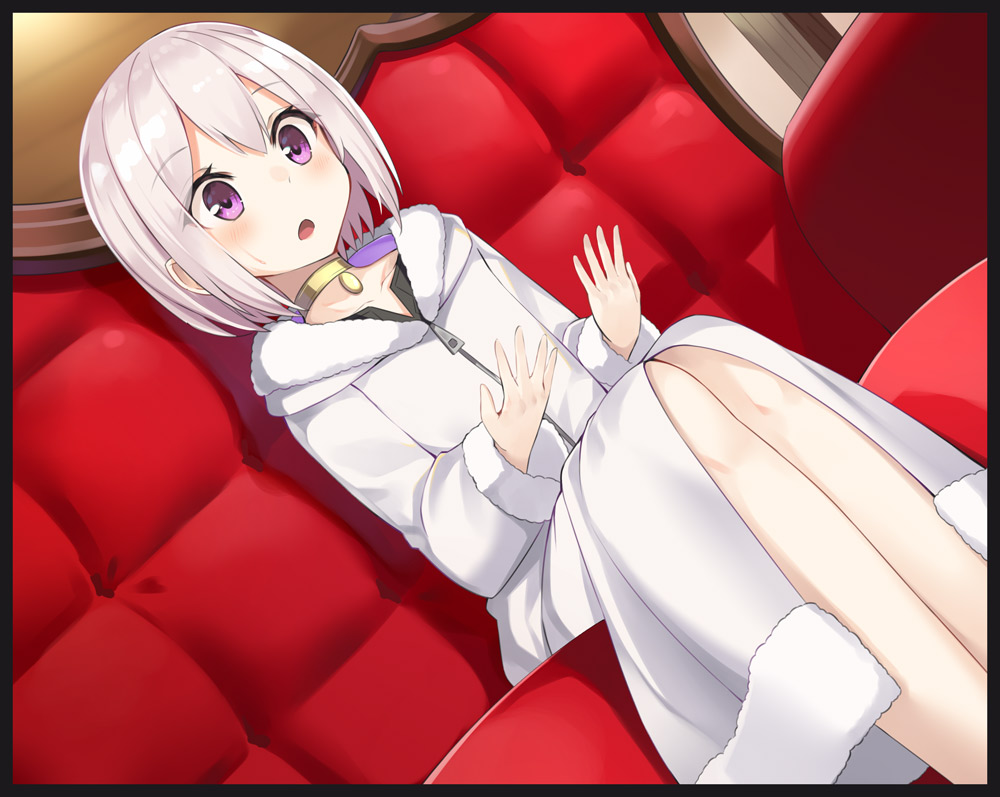 1girl :o black_border blush border character_request chibikko_kenja_lv.1_kara_isekai_de_ganbarimasu! choker coat collarbone couch dutch_angle eyebrows_visible_through_hair feet_out_of_frame flat_chest fur-trimmed_coat fur-trimmed_sleeves fur_trim hooded_coat long_sleeves looking_at_hands novel_illustration official_art on_couch open_mouth short_hair silver_hair sitting solo surprised sweatdrop takehana_note violet_eyes white_coat