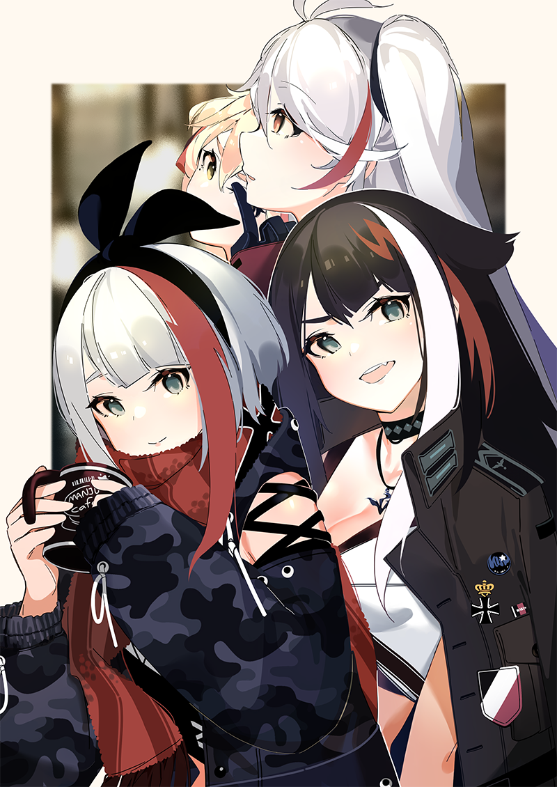 4girls admiral_graf_spee_(azur_lane) admiral_hipper_(azur_lane) antenna_hair azur_lane bangs black_hair blonde_hair blue_eyes brown_eyes brown_jacket casual choker cup detached_sleeves deutschland_(azur_lane) fang flat_chest gloves green_eyes hand_up headband holding holding_cup index_finger_raised iron_cross jacket long_hair looking_at_viewer looking_to_the_side mania_(fd6060_60) military_jacket multicolored_hair multiple_girls open_mouth outside_border prinz_eugen_(azur_lane) redhead scarf short_hair smile streaked_hair two_side_up white_hair