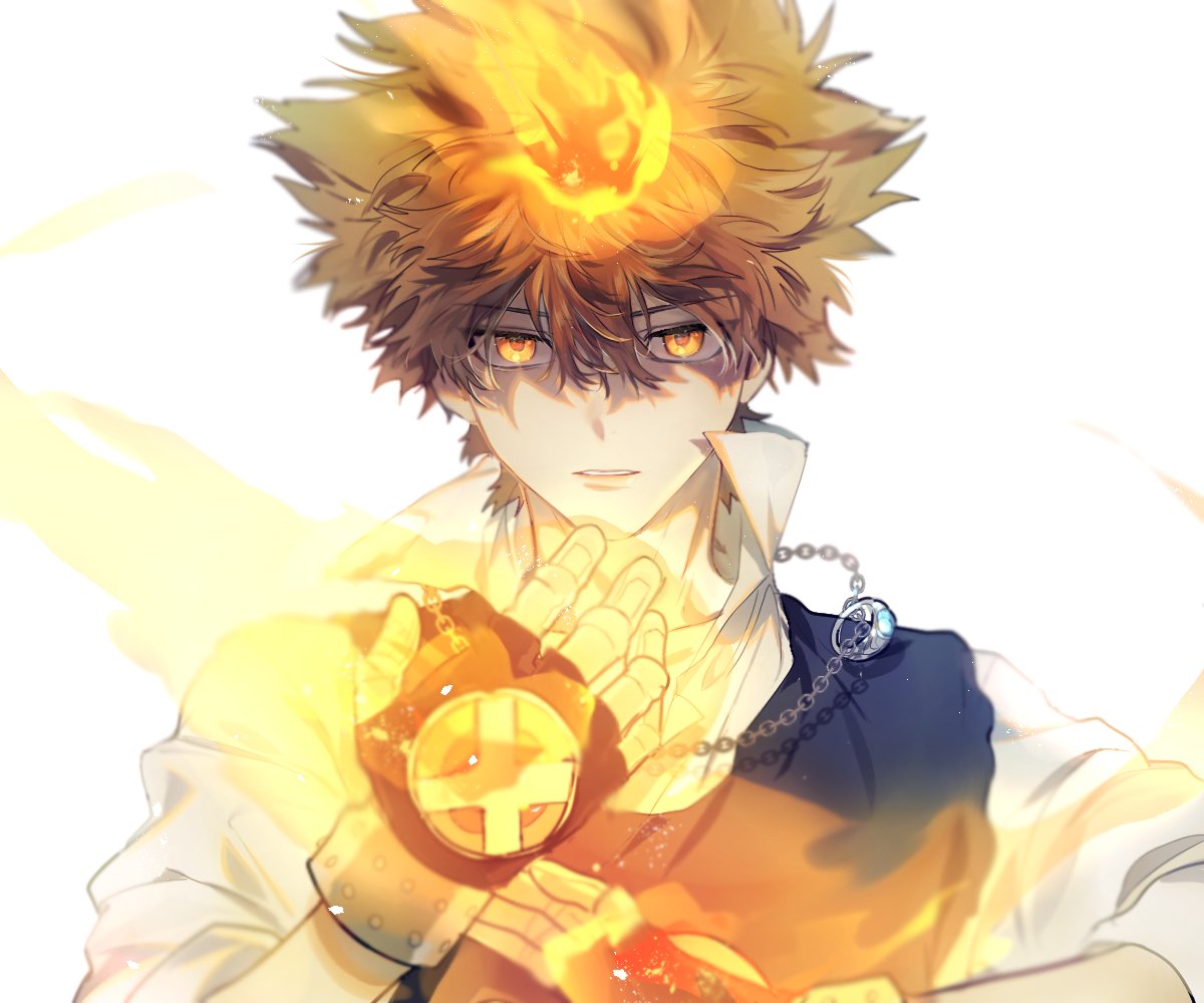 1boy black_gloves black_vest brown_hair collar collared_shirt fighting_stance fire gloves glowing glowing_eyes high_collar hyper_mode jewelry katekyo_hitman_reborn long_sleeves looking_at_viewer male_focus mgmg_1012 necklace orange_eyes parted_lips ring sawada_tsunayoshi school_uniform shaded_face shirt short_hair simple_background solo spiky_hair upper_body vest white_background white_shirt x_gloves_(reborn)