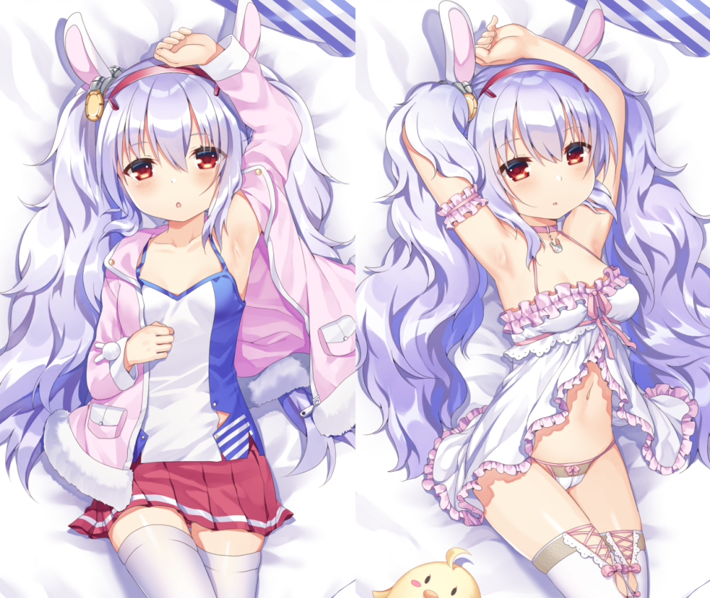 1girl arm_garter arm_up armpits arms_up azur_lane babydoll bare_shoulders bed_sheet bird breasts camisole chick choker collarbone craytm dakimakura fur_trim hair_ornament hairband jacket laffey_(azur_lane) lavender_hair lingerie long_hair long_sleeves looking_at_viewer lying manjuu_(azur_lane) medium_breasts miniskirt multiple_views navel on_back open_clothes open_jacket panties parted_lips pink_jacket pleated_skirt red_eyes red_skirt skirt stomach thigh-highs twintails underwear very_long_hair white_legwear white_panties zettai_ryouiki