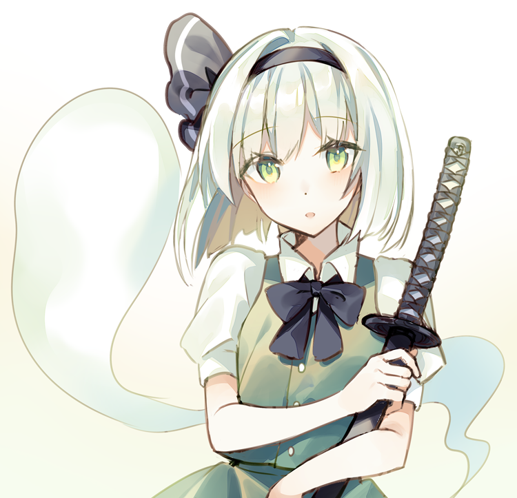 1girl bangs black_bow black_hairband black_neckwear black_ribbon blush bow bowtie commentary_request eyebrows_visible_through_hair gradient gradient_background green_background green_eyes green_skirt green_vest hair_ribbon hairband hitodama holding holding_sword holding_weapon katana konpaku_youmu konpaku_youmu_(ghost) looking_at_viewer parted_lips partial_commentary puffy_short_sleeves puffy_sleeves raka_(cafe_latte_l) ribbon scabbard sheath sheathed shirt short_hair short_sleeves silver_hair skirt skirt_set solo sword touhou upper_body vest weapon white_background white_shirt