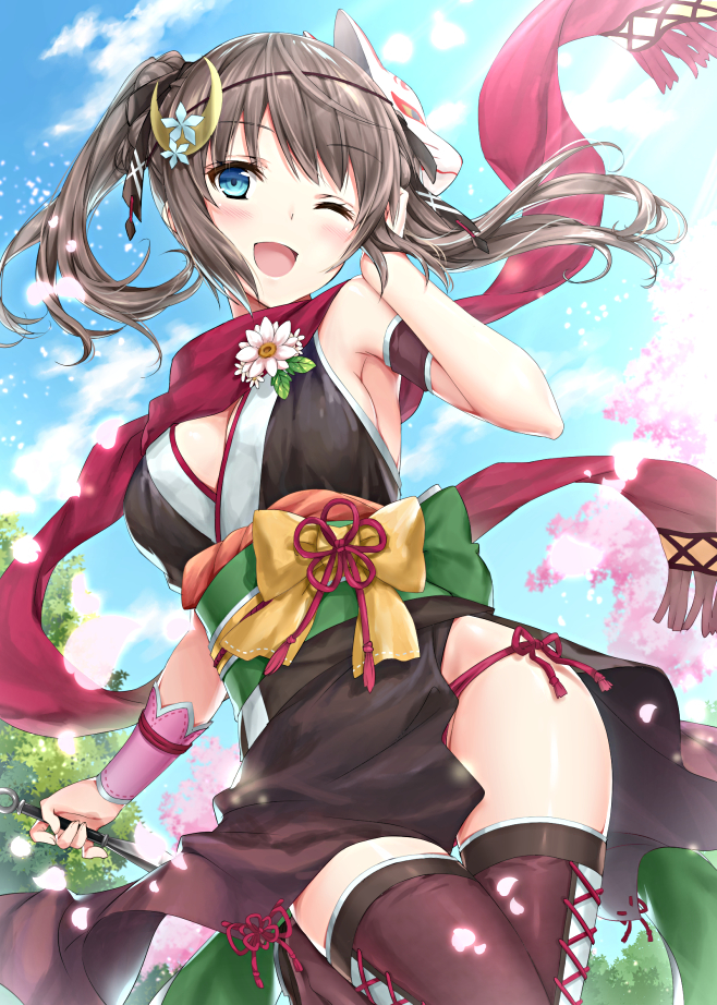 1girl ;d arm_guards arm_strap bangs blue_eyes blush boots breasts brown_hair cowboy_shot crescent crescent_hair_ornament floating_hair flower hair_ornament hair_ribbon hand_on_own_head holding japanese_clothes kunai kyariko long_hair looking_at_viewer mask mask_on_head medium_breasts ninja one_eye_closed open_mouth original outdoors panties reverse_grip ribbon scarf side-tie_panties smile solo thigh-highs thigh_boots thighs twintails underwear weapon wind