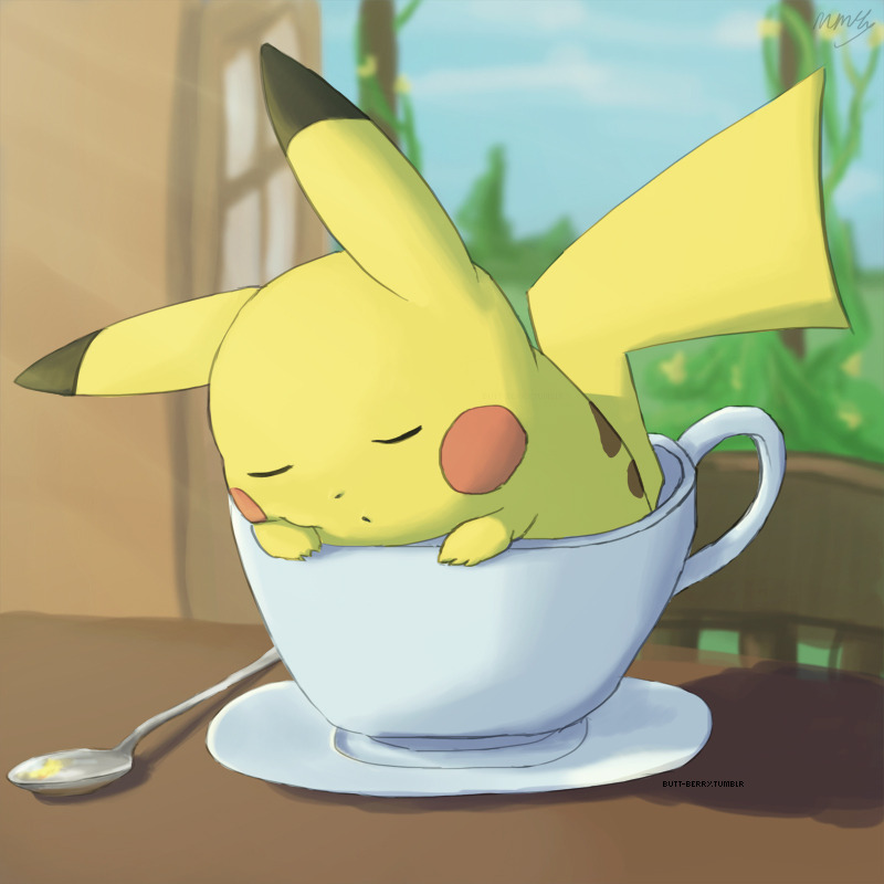 chair closed_eyes commentary creature cup day english_commentary full_body gen_1_pokemon mcgmark no_humans pikachu plate pokemon pokemon_(creature) sky sleeping solo spoon table teacup watermark web_address