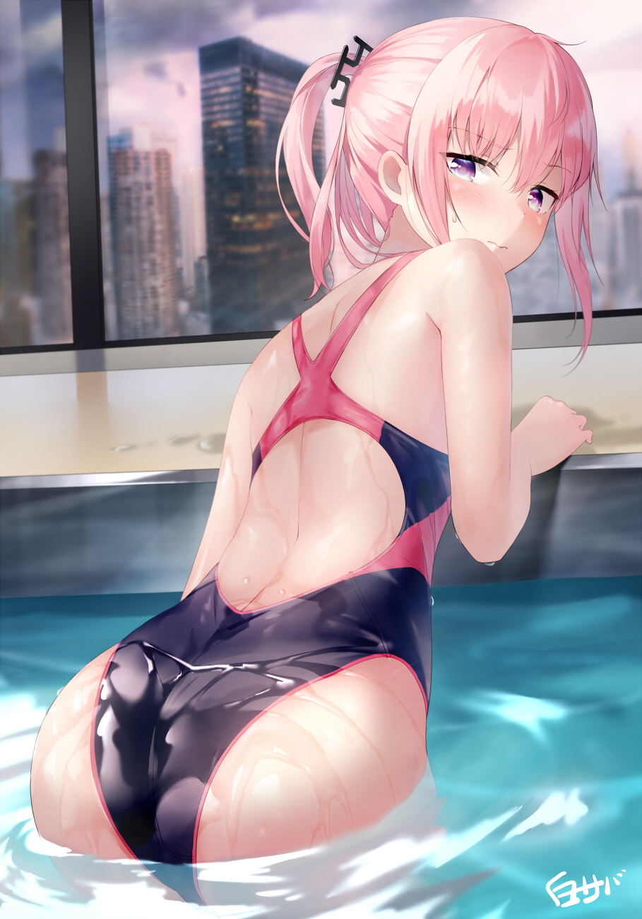 1girl ass back bangs blush cityscape closed_mouth competition_swimsuit cowboy_shot eyebrows_visible_through_hair girls_frontline hair_between_eyes hair_ornament highleg highleg_swimsuit highres indoors long_hair looking_at_viewer mod3_(girls_frontline) one-piece_swimsuit pink_hair ponytail pool shirosaba sidelocks solo st_ar-15_(girls_frontline) swimsuit violet_eyes wading wet