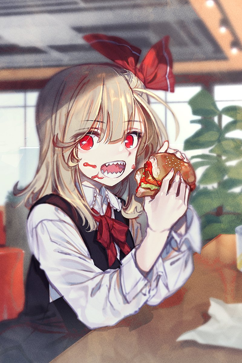 1girl arm_rest bangs black_vest blonde_hair bow bowtie collared_shirt commentary_request cup eating food food_on_face hair_between_eyes hair_ribbon hamburger highres holding holding_food indoors long_hair long_sleeves looking_at_viewer messy open_mouth plant red_eyes red_neckwear red_ribbon ribbon rumia sharp_teeth shirt solo teeth touhou vest white_shirt wing_collar zounose
