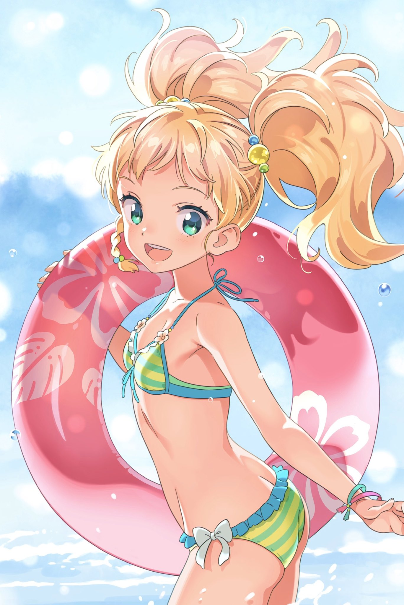 1girl aikatsu!_(series) aikatsu_stars! ass bikini blonde_hair blue_eyes blue_sky bracelet butt_crack clouds commentary_request cowboy_shot flat_chest front-tie_top green_eyes hair_bobbles hair_ornament highres jewelry katou_akatsuki long_hair looking_at_viewer nikaidou_yuzu pink_innertube sky smile solo striped striped_bikini swimsuit twintails upper_body