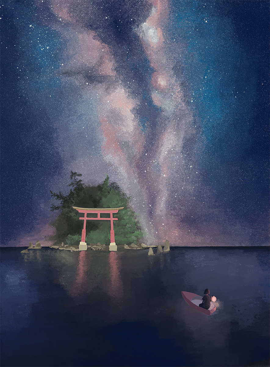 ambiguous_gender black_hair boat highres island milky_way night night_sky original outdoors plant reflection short_hair sky star_(sky) tabisumika torii water watercraft wide_shot