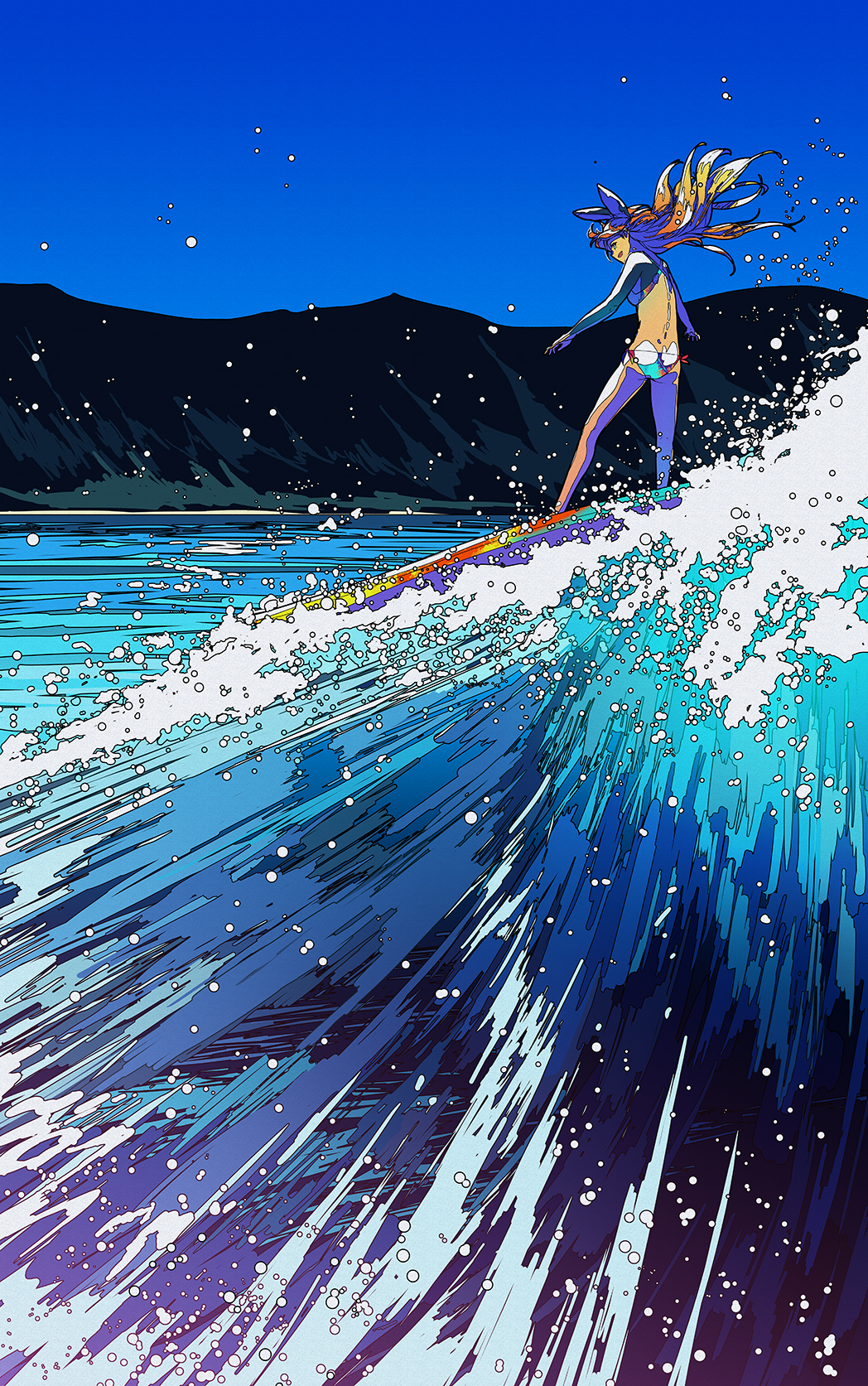 1girl apapico bikini day highres long_hair mountain ocean open_mouth original outdoors outstretched_arms sky solo surfboard surfing swimsuit water