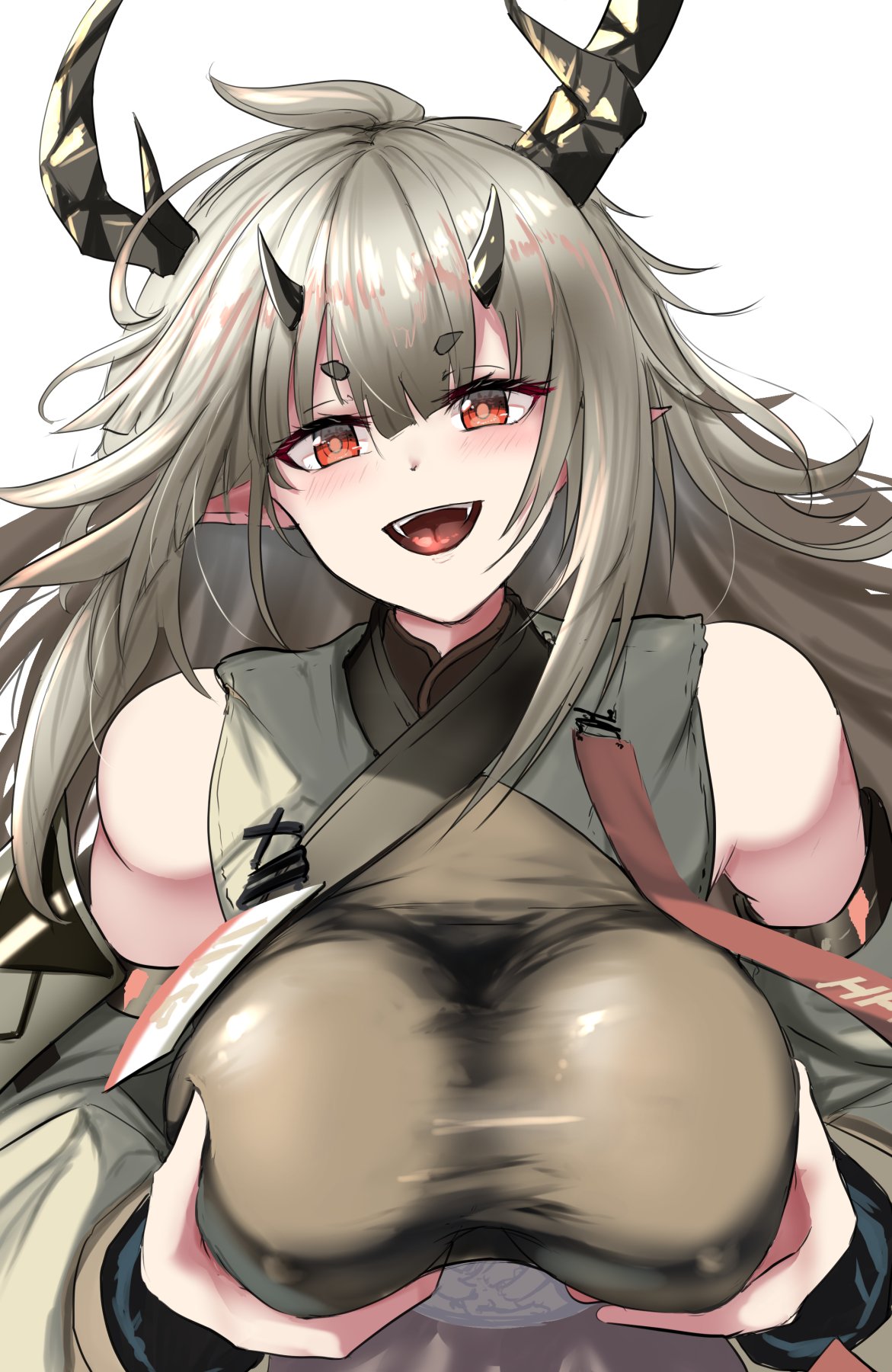 1girl arknights bangs breast_lift breasts eyebrows_visible_through_hair grey_hair highres horns large_breasts long_hair looking_at_viewer matoimaru_(arknights) open_mouth pointy_ears red_eyes short_eyebrows simple_background smile solo take_(trude1945oneetyan) upper_body white_background