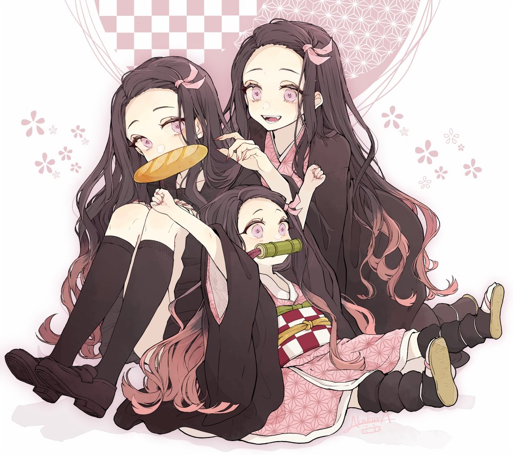 akakura asa_no_ha_(pattern) baguette bamboo bit_gag bread checkered_obi commentary_request fingernails food forehead gag haori japanese_clothes kamado_nezuko kimetsu_no_yaiba kimono mouth_hold pink_eyes pink_ribbon ribbon sharp_fingernails simple_background smile socks