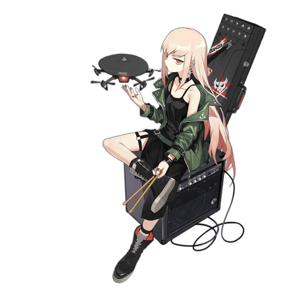 1girl ahoge alternate_costume amplifier bangs belt black_dress black_footwear black_nails boots buckle cable collarbone cross cross-laced_footwear cross_earrings crossed_legs dress drone drumsticks earrings full_body girls_frontline glaring green_jacket hand_up holding holding_drumsticks jacket jewelry jong_tu lace-up_boots leather leather_choker leather_wrist_straps light_brown_hair long_hair looking_at_viewer mouth_hold multiple_earrings multiple_rings nail_polish o-ring off_shoulder official_art open_clothes open_jacket punk red_eyes ring rocker-chic side_slit sidelocks sitting sitting_on_object skirt solo tank_top thigh_strap thumb_ring transparent_background type_80_(girls_frontline) very_long_hair weapon_case wrist_straps