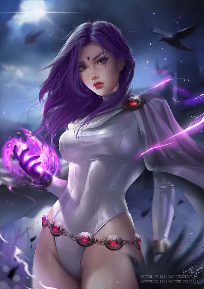 1girl blondynkitezgraja clouds cloudy_sky colored_pencil_(medium) dc_comics energy gloves long_hair looking_at_viewer purple_hair raven_(dc) signature sky solo teen_titans traditional_media upper_body violet_eyes watermark web_address