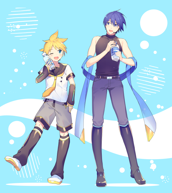 2boys belt black_collar black_footwear black_sleeves blonde_hair blue_background blue_eyes blue_hair blue_pants boots bottle collar detached_sleeves full_body grey_shorts headphones headset holding holding_bottle kagamine_len kagamine_len_(vocaloid4) kaito kaito_(vocaloid3) knee_boots leg_up leg_warmers looking_at_another male_focus multiple_boys nail_polish necktie one_eye_closed open_mouth pants pocari_sweat product_placement sailor_collar scarf school_uniform shirt short_ponytail short_sleeves shorts sinaooo sleeveless sleeveless_turtleneck smile spiky_hair standing thumb_in_pocket turtleneck v4x vocaloid white_footwear white_shirt yellow_nails yellow_neckwear