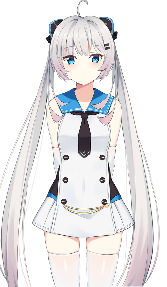 1girl ahoge arms_behind_back azur_lane bangs black_neckwear blue_eyes blue_sailor_collar blush breasts closed_mouth commentary_request dress eyebrows_visible_through_hair grey_hair hair_ornament hairclip halsey_powell_(azur_lane) kohakope long_hair looking_at_viewer necktie pleated_skirt sailor_collar short_necktie sidelocks simple_background skindentation skirt sleeveless sleeveless_dress small_breasts solo thigh-highs twintails very_long_hair white_background white_dress white_legwear white_skirt