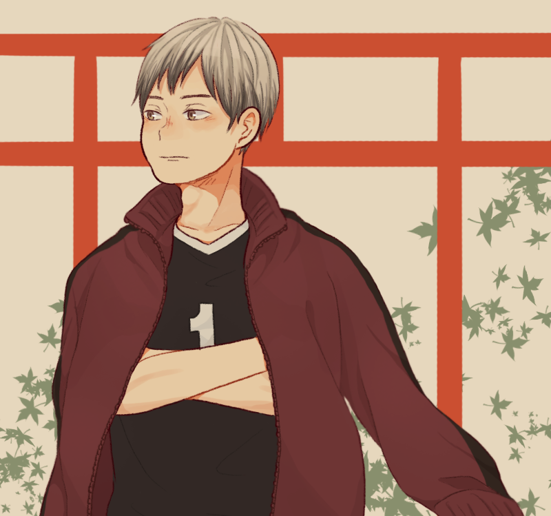 1boy brown_eyes closed_mouth commentary_request crossed_arms grey_hair haikyuu!! jacket jacket_on_shoulders kita_shinsuke laugh_111 leaf looking_to_the_side male_focus multicolored_hair short_hair solo sportswear torii track_jacket two-tone_hair volleyball_uniform