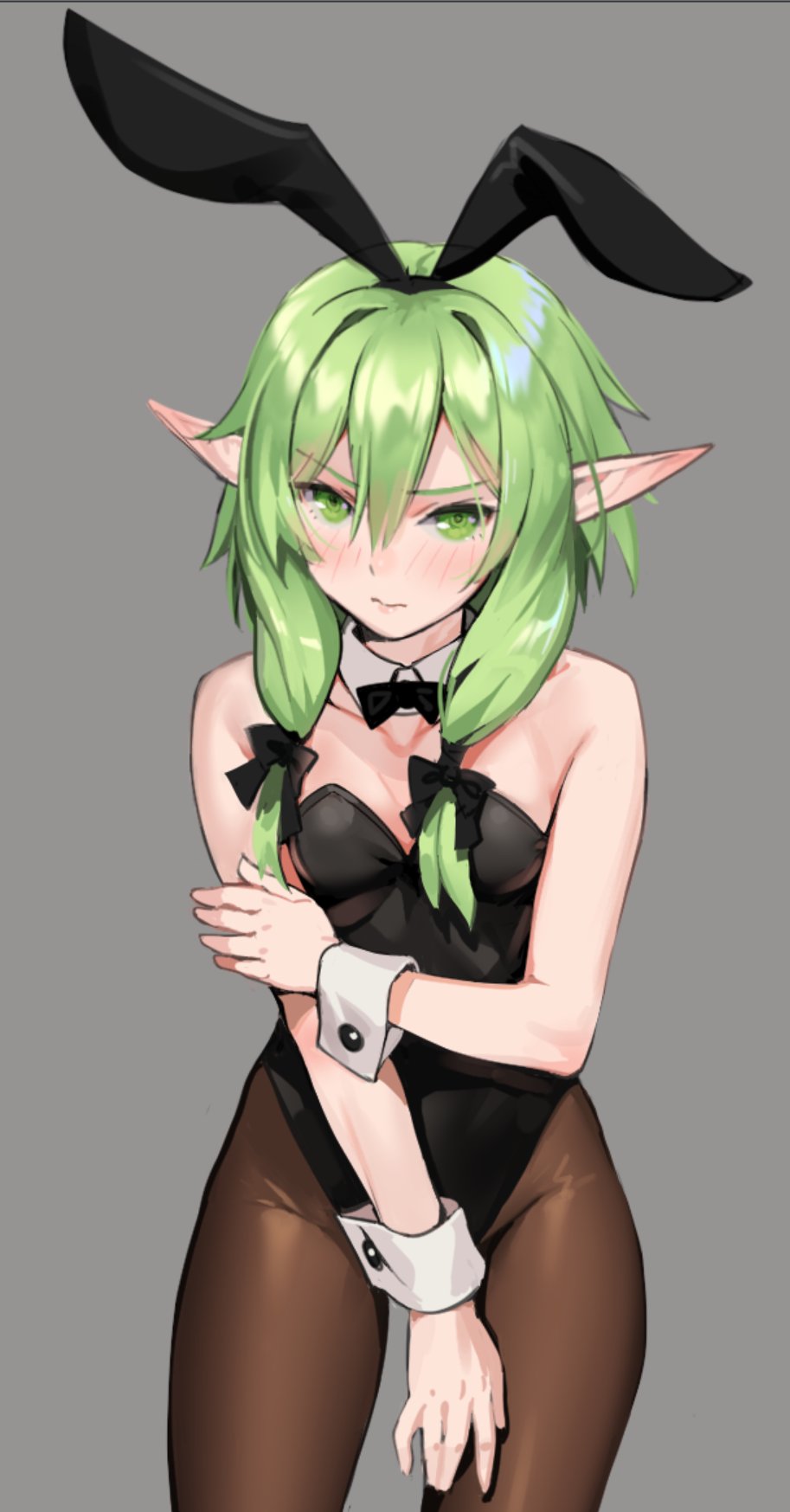 1girl alternate_costume animal_ears bare_arms bare_shoulders black_bow black_leotard black_neckwear blush bow bowtie breasts brown_legwear bunnysuit cowboy_shot detached_collar elf fake_animal_ears frown goblin_slayer! green_eyes green_hair grey_background hair_bow high_elf_archer_(goblin_slayer!) highres leotard long_hair looking_at_viewer pantyhose pointy_ears rabbit_ears sidelocks siino simple_background small_breasts solo wrist_cuffs