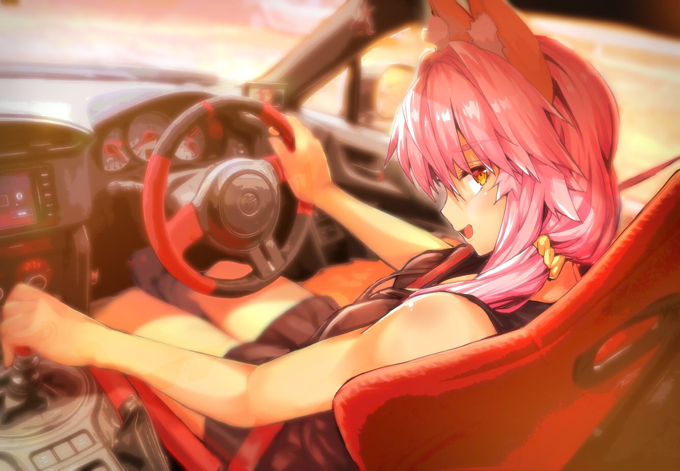 animal_ear_fluff animal_ears bare_shoulders between_breasts blush breasts commentary commentary_request eyebrows_visible_through_hair fate/extella fate/extra fate/grand_order fate_(series) fox_ears fox_girl fox_tail looking_at_viewer looking_back open_mouth pink_hair scrunchie tail tamamo_(fate)_(all) tamamo_no_mae_(fate) vehicle_interior wisespeak yellow_eyes yellow_scrunchie