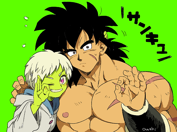 1boy 1girl :/ ;) abs artist_name black_hair blue_eyes blush broly_(dragon_ball_super) buttons cheelai chest_scar clenched_teeth coat commentary_request dark_skin dark_skinned_male dragon_ball dragon_ball_super_broly eyelashes facial_scar fingernails flying_sweatdrops green_background green_skin grey_coat grin hand_on_another's_head hand_on_another's_shoulder hood hood_down hooded_coat long_sleeves looking_at_viewer medium_hair messy_hair muscle nervous ok_sign one_eye_closed outsuki pectorals scar scar_on_cheek shaded_face shirtless short_hair side-by-side simple_background smile speed_lines sweatdrop teeth translation_request upper_body v-shaped_eyebrows very_short_hair violet_eyes white_hair wristband