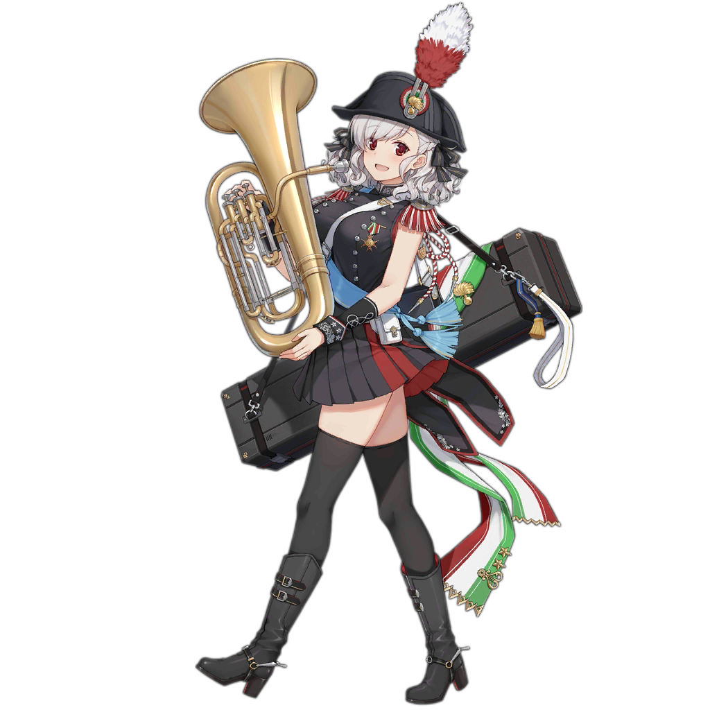 1girl bangs black_footwear black_headwear black_legwear black_ribbon black_skirt blush boots breasts case eyebrows_visible_through_hair eyes_visible_through_hair from_side full_body girls_frontline hair_between_eyes hair_ornament hair_ribbon hat headwear holding holding_instrument instrument italian_flag large_breasts looking_at_viewer medal medium_hair military_hat official_art open_mouth red_eyes ribbon silver_hair skirt sleeveless smile solo spas-12_(girls_frontline) strap terras thigh-highs transparent_background tuba two-tone_skirt uniform walking wristband zettai_ryouiki