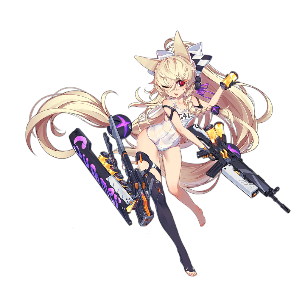 1girl alternate_costume alternate_hairstyle animal_ears arm_strap assault_rifle bangs barefoot black_legwear blonde_hair blush bow braid breasts can collarbone covered_navel crossed_bangs eyebrows_visible_through_hair fang floating_hair full_body g41_(girls_frontline) girls_frontline gloves gun h&amp;k_g41 hair_between_eyes hair_bow hair_ornament hair_ribbon heterochromia holding holding_can holding_gun holding_weapon leg_up long_hair looking_at_viewer low_twintails name_tag ntrsis official_art one_eye_closed open_mouth purple_ribbon red_eyes ribbon rifle school_swimsuit see-through side_braid sidelocks single_thighhigh small_breasts smile solo swimsuit thigh-highs thigh_strap thighs toeless_legwear transparent_background trigger_discipline twintails very_long_hair water_gun weapon wet wet_clothes wet_swimsuit white_ribbon white_swimsuit