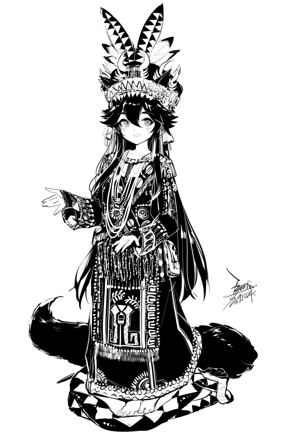 1girl :d barefoot black_hair costume_request ejami ekko_(ejami) fox_girl fox_tail full_body hat hat_feather highres long_hair long_sleeves monochrome open_mouth original smile snake tail taiwan traditional_clothes