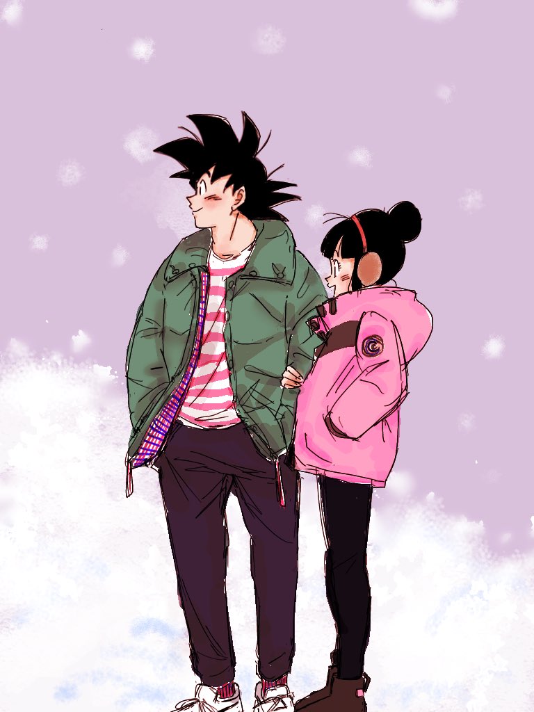1boy 1girl :d bangs black_eyes black_hair black_legwear blunt_bangs boots brown_footwear capsule_corp chi-chi_(dragon_ball) clothes_writing coat commentary_request couple dragon_ball dragon_ball_z earmuffs eyelashes from_side full_body green_jacket hair_bun hand_in_pocket hand_on_another's_arm hands_in_pockets happy height_difference hetero horizontal_stripes jacket long_sleeves looking_away open_clothes open_jacket open_mouth pants pantyhose pink_coat pink_shirt profile purple_background shirt shoes simple_background smile sneakers snowflake_background son_gokuu sora_(happygreencandy) spiky_hair standing striped striped_shirt two-tone_background white_background white_shirt winter winter_clothes winter_coat