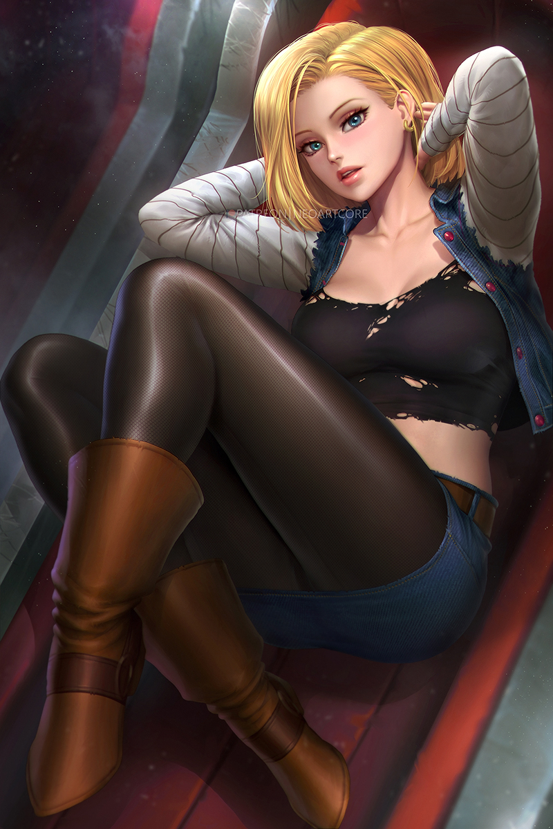 1girl android_18 arms_behind_head black_shirt blonde_hair blue_eyes boots breasts brown_footwear collarbone dragon_ball dragon_ball_z dust_particles lips looking_at_viewer medium_breasts midriff nudtawut_thongmai pantyhose parted_lips shirt short_hair short_shorts shorts solo sunlight tank_top torn_clothes