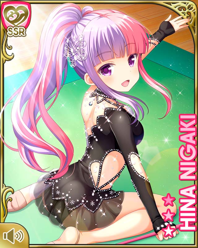 1girl ass black_dress black_leotard character_name dress from_behind girlfriend_(kari) gymnast_leotard hair_ornament juggling_club leotard long_hair looking_back multicolored_hair niigaki_hina official_art open_mouth outstretched_arm pink_hair ponytail purple_hair qp:flapper short_dress sitting smile solo two-tone_hair violet_eyes