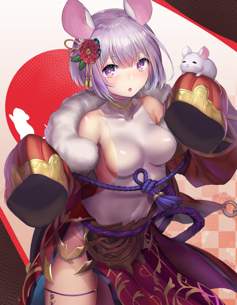 1girl :o animal_ears armpits bangs bare_shoulders bob_cut breasts checkered checkered_background chinese_zodiac commentary_request covered_collarbone covered_navel cowboy_shot eyebrows_visible_through_hair floral_background flower fur-trimmed_jacket fur_trim groin hair_flower hair_ornament jacket leotard looking_at_viewer medium_breasts mizya new_year open_clothes open_jacket original paw_pose rat rat_ears red_jacket red_skirt rope short_hair side_slit sideboob skirt sleeves_past_fingers sleeves_past_wrists solo_focus standing thigh_strap violet_eyes white_hair white_leotard year_of_the_rat