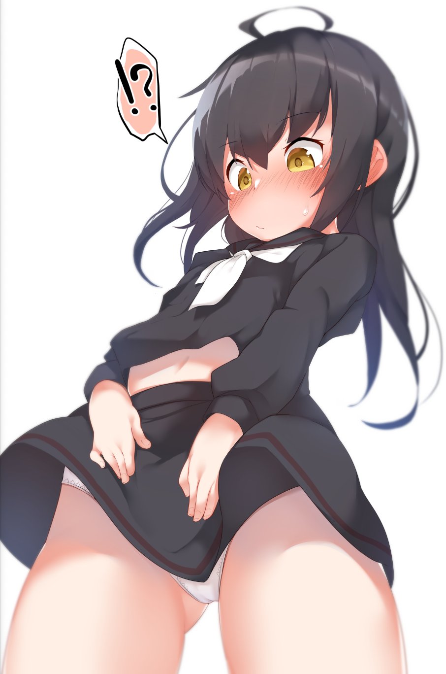 !? 1girl adjusting_skirt ahoge black_hair black_legwear black_serafuku blush highres kantai_collection long_hair mikazuki_(kantai_collection) nagatsukiin navel necktie panties school_uniform serafuku sweat sweatdrop underwear white_neckwear white_panties yellow_eyes