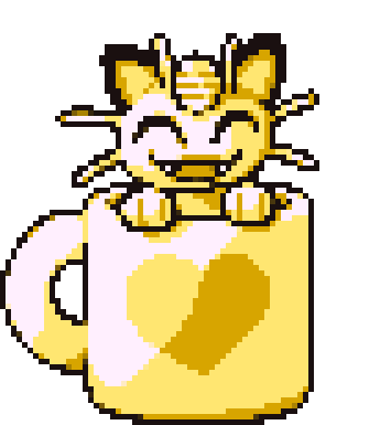 :d ^_^ animated animated_gif cat cat_focus closed_eyes creature cup facing_viewer gen_1_pokemon lowres meowth mug open_mouth pokemon pokemon_(creature) smile spinning transparent_background