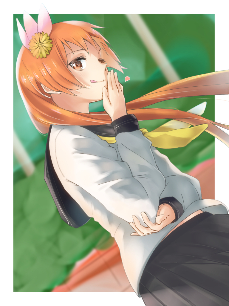 1girl black_skirt blush breasts brown_eyes brown_hair commentary_request flower from_side hair_flower hair_ornament heart long_hair long_sleeves looking_at_viewer medium_breasts nemu_(46_2367teimei) nisekoi one_eye_closed school_uniform serafuku short_hair_with_long_locks sidelocks skirt smile solo tachibana_marika tongue tongue_out